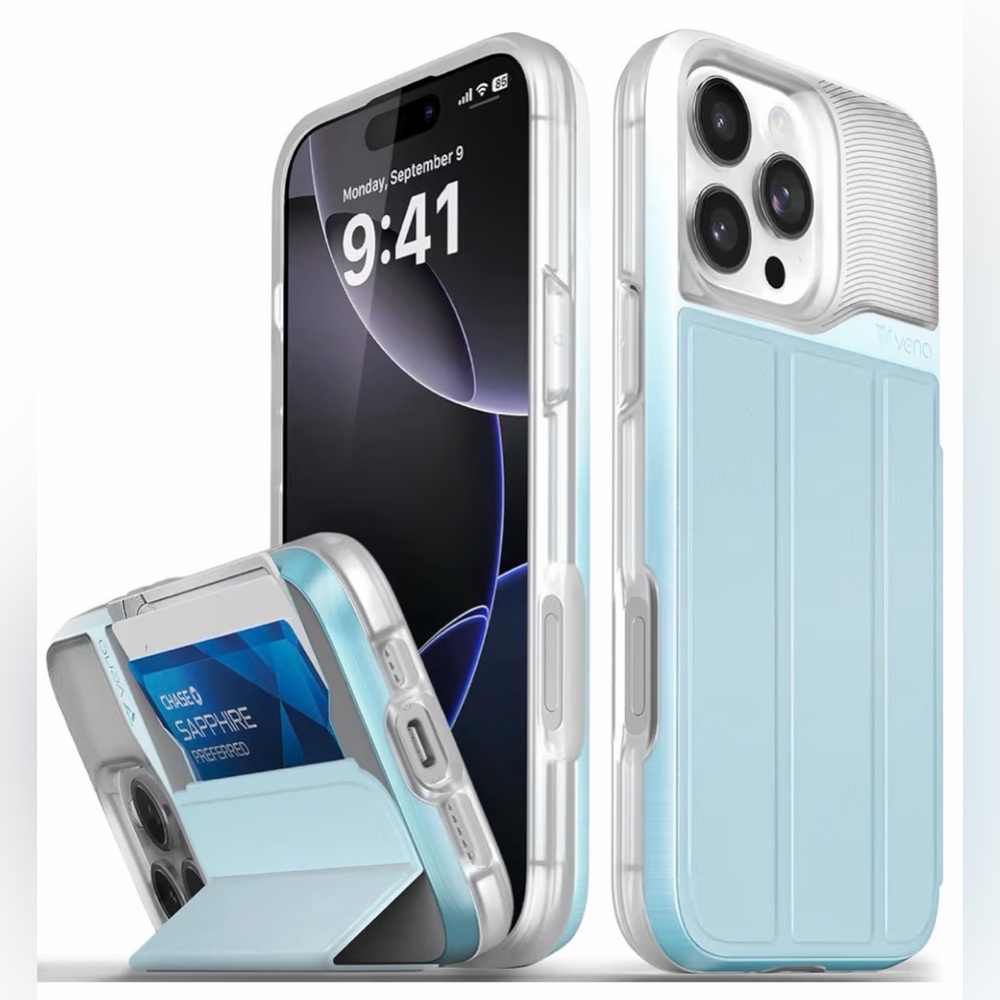 iPhone 16 Pro Max VENA vCommute w/Wallet Case Card Holder &Kickstand-Pastel Blue